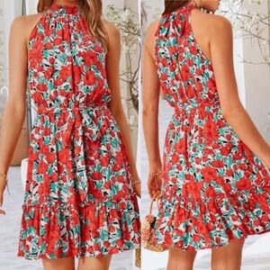 BTFBM Halter Dress Floral Sleeveless Elastic Drop Waist Summer Boho Aline Size M